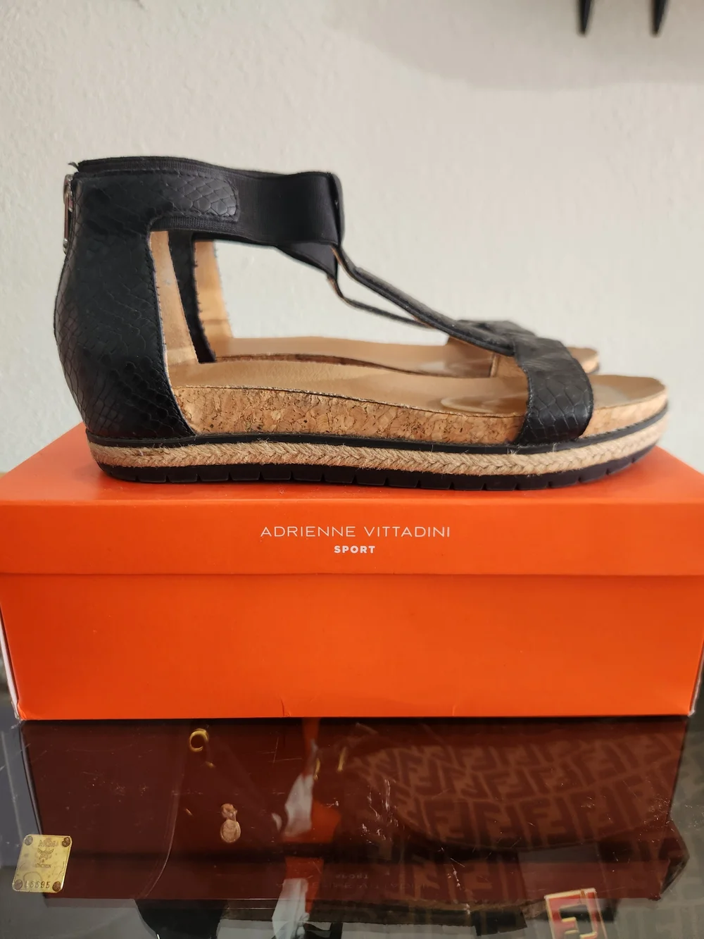Adrienne Vittadini Black T-Strap Wedge Sandals